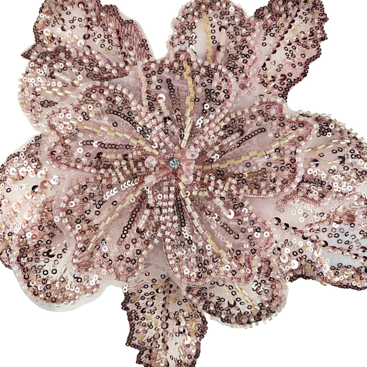 Carytalee 1 PC 3D Lace Sequin Beaded Flower Sew on Embroidered Lace Applique Trim DIY Sewing Patch Wedding Dress Applique Decoration, Champagne Pink, 11.8 x 11 Inch