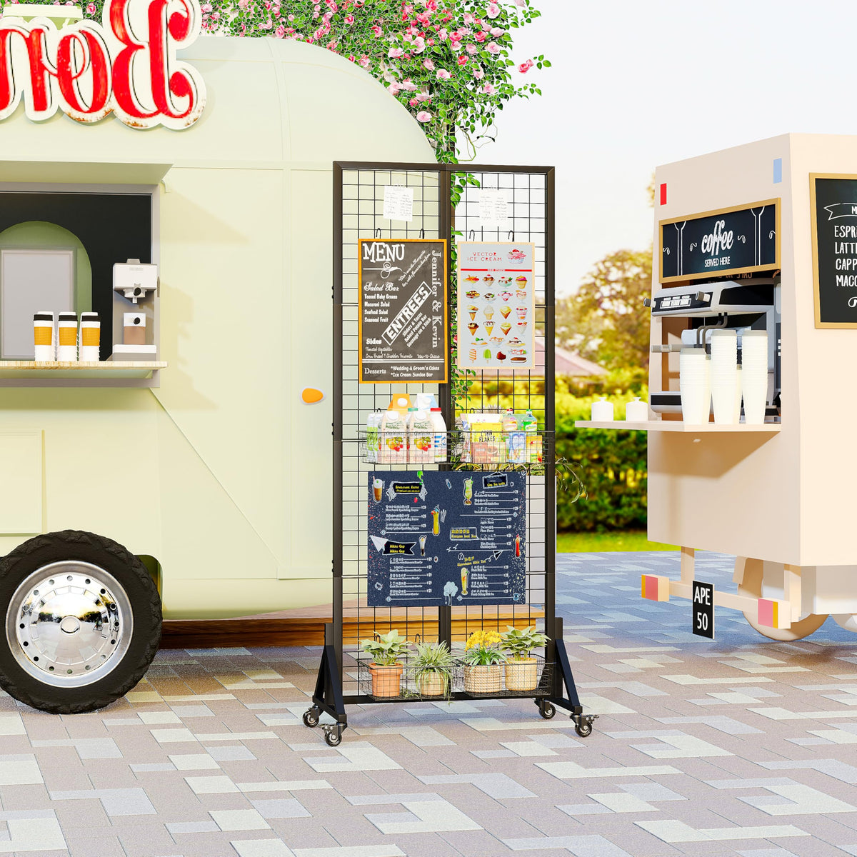 VAFEKOL Rolling Gridwall Display Stand, 65.6" H x 23.6" W Wire Mesh Rack with Wheels, Metal Display Grid for Art Shows, Craft Fairs, Retail Boutique & Home Storage, Black