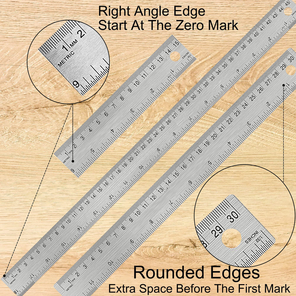 Metal Ruler Set [6+12+18 Inch] – Stainless Steel Rulers with Cork Backing, Non-Slip Measuring Tools with Inch & Centimeter Markings, Drafting and Office Use, Prevents Ink Leakage