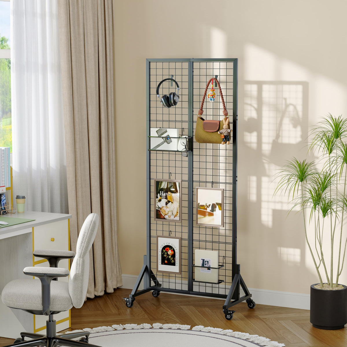 VAFEKOL Rolling Gridwall Display Stand, 65.6" H x 23.6" W Wire Mesh Rack with Wheels, Metal Display Grid for Art Shows, Craft Fairs, Retail Boutique & Home Storage, Black