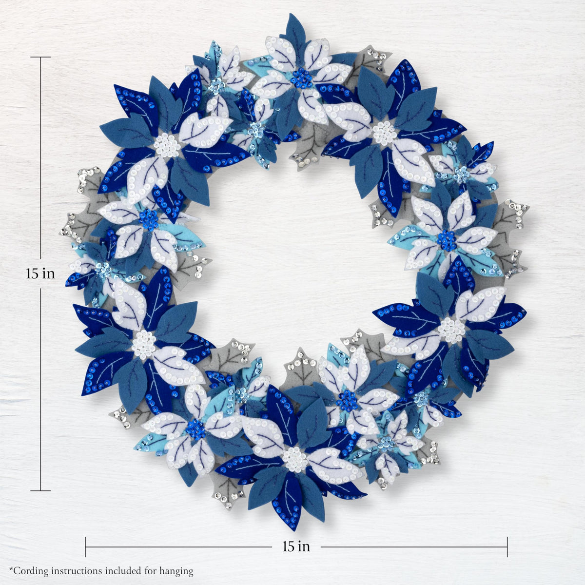 Bucilla Felt Applique Wreath Making Kit, Winter Blue Poinsettia, Perfect for DIY Arts and Crafts