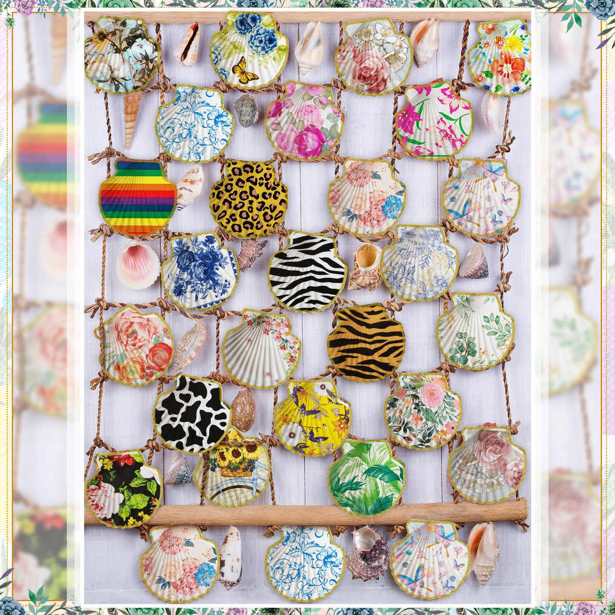 Crtiin 48 Pcs Decoupage Kits, 18 Pcs 4'' White Scallop Shells, 24 x Assorted Decoupage Paper Napkins with Glue Paint Strips Pigments and Paint Brushes for Home Decor Ornaments DIY Arts Crafts (Fun)