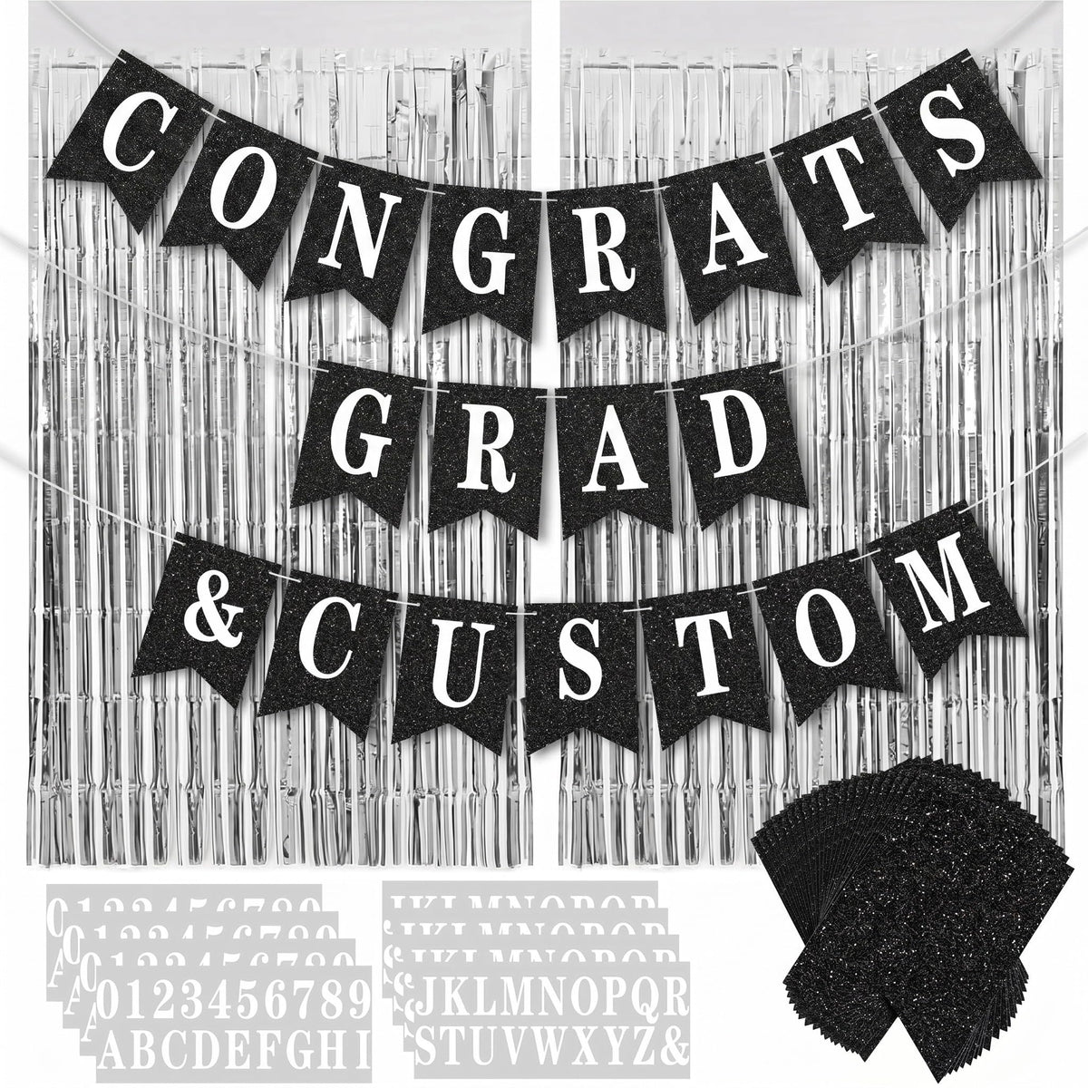 Mooliwe 173 Pcs DIY Custom Banner Kit with 2 Foil Curtain Make Your Own Customizable Letter Banner Sign Decor 20 Paper Pennant 148 Letters Number 1 Rope 2 Threading Device(Classic Style,Black)