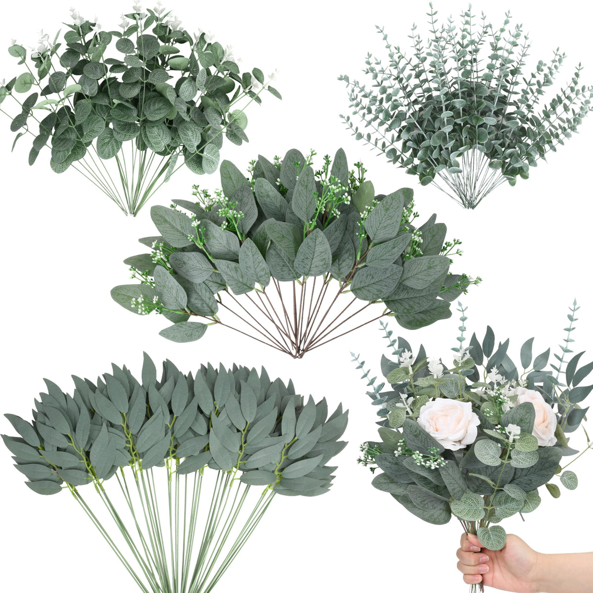 150 Pcs 4 Kinds Mixed Artificial Eucalyptus Leaves Stems Bulk Fake Silver Dollar Eucalyptus Bundle Faux Plants Greenery for DIY Bouquets Floral Arrangement Wedding Engagement Party Decor