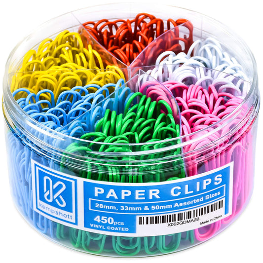 Kempshott 450 Color Paper Clips Assorted Sizes Small, Medium and Large Paper Clips for Paperwork Ideal for Home, School and Office Use (Assorted, Multicolored)