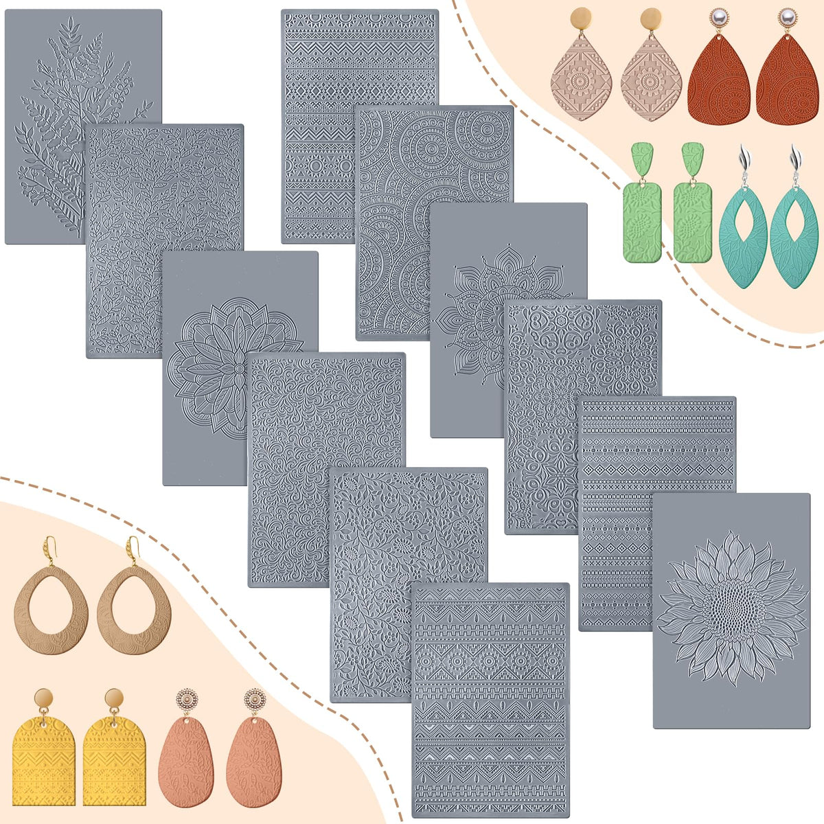 DoubleFill 12 Pcs Polymer Clay Texture Sheets Mat Works with Polymer Clay Cutter Embossin Roller DIY Tools for Pottery Earrings Jewelry Making DIY Craft Supply