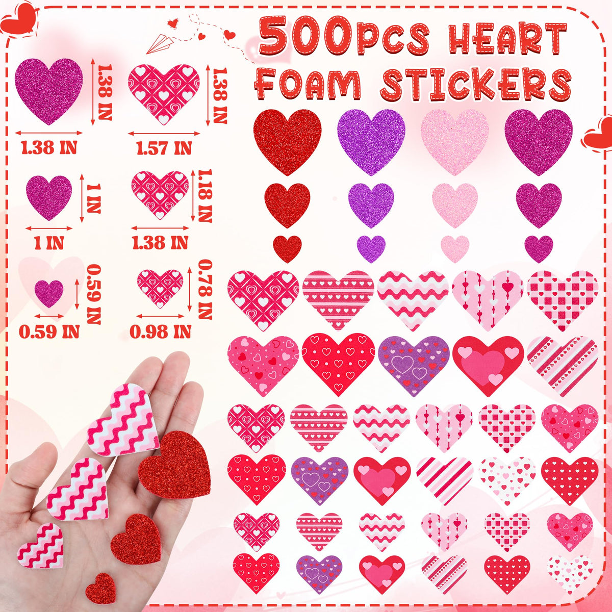 500 PCS Valentines Stickers, Self-Adhesive Foam Heart Stickers for Craft Lovers, 3 Sizes Glitter Polka Dots Stripe Valentines Decor, Bulk Valentine Crafts Red Pink DIY Decor for Frames Presents Cards
