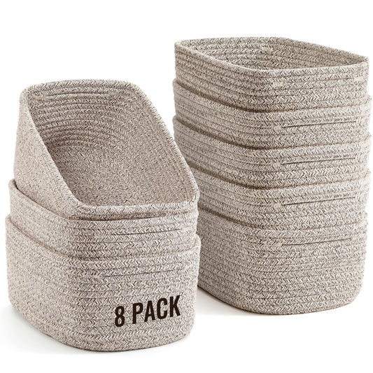 8 Pack Small Storage Baskets for Organizing, Woven Rope Bins for Bathroom, Closet, Shelf Organizer, Cute Cube Decorative Box for Towels, Baby Nursery, Toys, Gift Empty Baskets - 11.5"x7.5"x4.7"-Brown