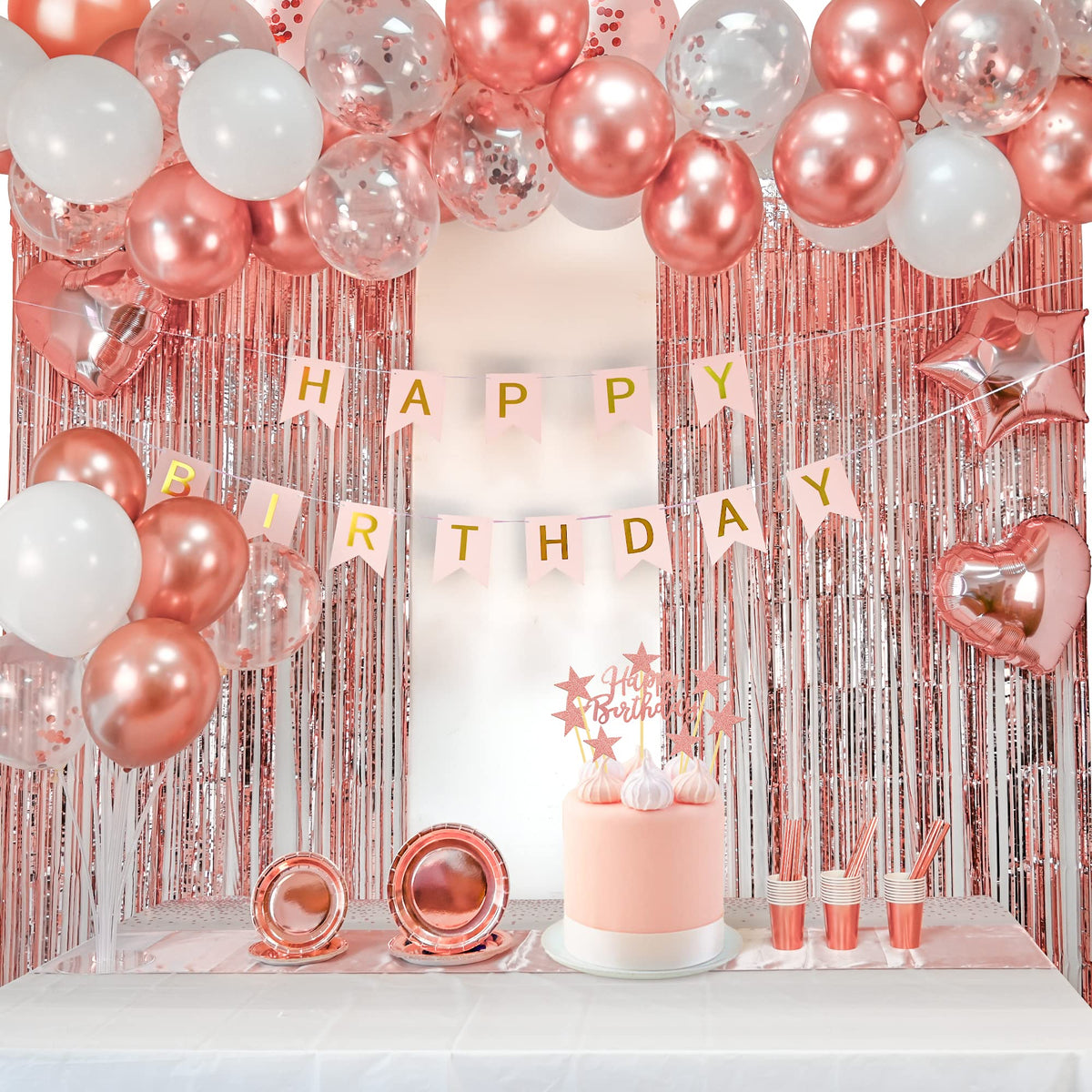 Party spot! 253 Pcs Birthday Decorations For Women, Rose Gold Party Decorations, Happy Birthday Decorations - Balloon Stand Kit, Tableware Kit,Pump, Banner, Tassel Curtain,Balloon, For 25 Guests