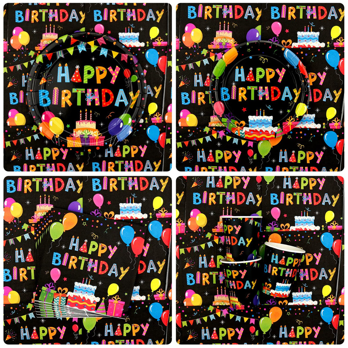 Obussgar Colorful Black Party Decorations - Black and Colourful Party Supplies including Backdrop, Plate, Cake Topper, Cup, Napkin, Balloon, Tablecloth - Serves 20