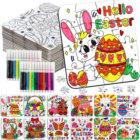 24 Pcs Easter Crafts Puzzle for Kids Ages 4-8, Easter Activities Arts DIY Jigsaw with Egg Bunny Basket Flower, Spring April Craft for Party Favors Gifts Christian Classroom Coloring Games Toy Bulk