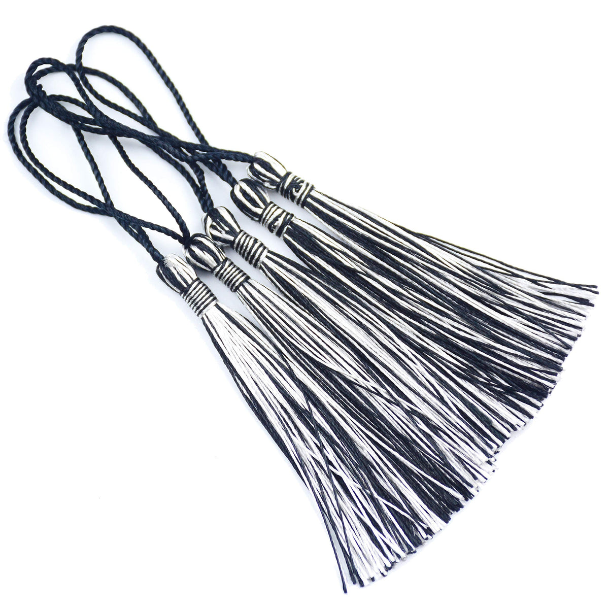 100pcs 13cm/5 Inch Silky Floss Bookmark Tassels with 2-Inch Cord Loop and Small Chinese Knot for Jewelry Making, Souvenir, Bookmarks, DIY Craft Accessory (Black&Silver)