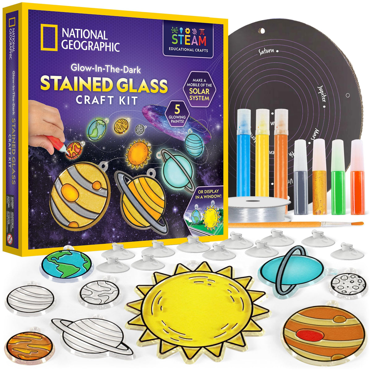 NATIONAL GEOGRAPHIC Kids Window Art Kit - Stained Glass Solar System Arts & Crafts Kit with Glow in The Dark Planets, Use as Window Suncatchers, Hanging Decor from Ceiling, Mobile, Space Room Decor