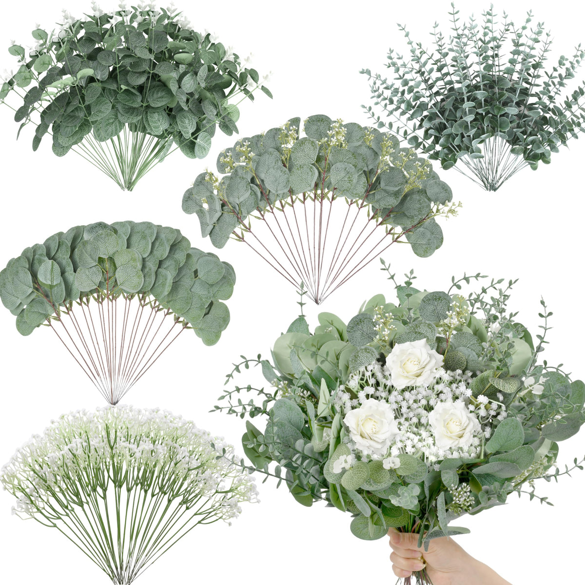 Palonu 200 Pcs 5 Kinds Mixed Artificial Eucalyptus Leaves Stems Bulk Babys Breath Eucalyptus Bundle Faux Plants Greenery for DIY Bouquets Floral Arrangement Wedding Engagement Party Decor