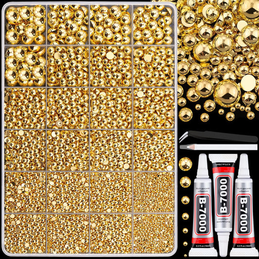 13500Pcs Flatback Pearls for Bedazzling (Gold) with 3Pcs B7000 Jewelry Glue, Assorted Size 2/3/4/5/6/8/10mm Half Pearl, Bedazzling Gems for Crafting Clothing Tumbler Shoes Embellishment Nail Art