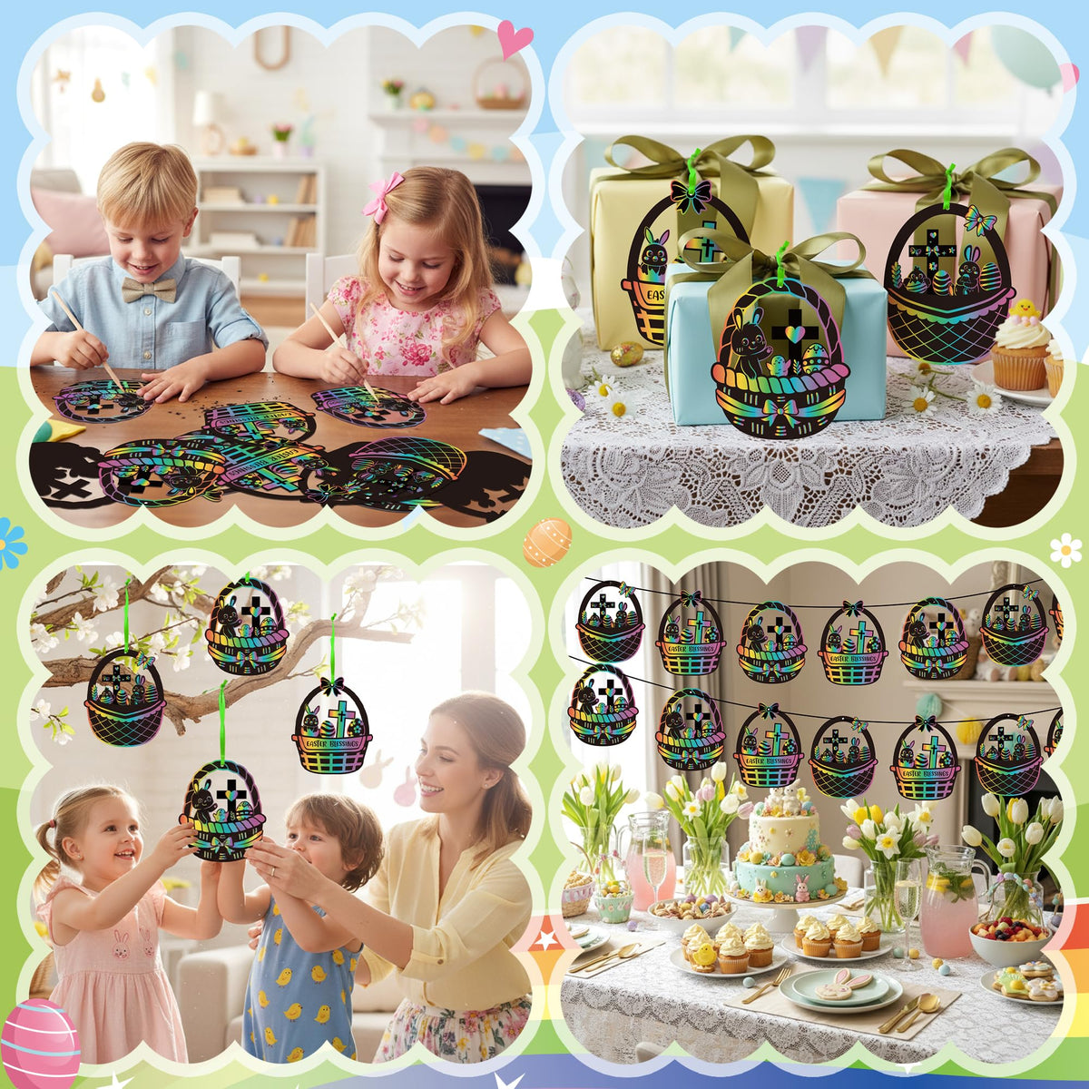 CY2SIDE 60PCS Religious Baskets with Egg Cross Scratch Card Gift Set DIY Christian Jesus is Risen Scratch Paper Craft for Kid Sunday School Activity Easter Bunny Magic Art Rainbow Color Paper Ornament