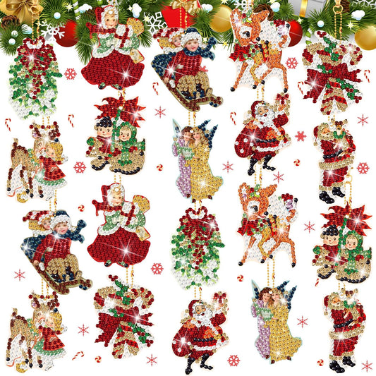Outus 24 Pcs Vintage Christmas Diamond Painting Keychains Christmas Double Sided DIY Diamond Art Vintage Santa Claus Reindeer Snowman Keychain Ornament for Rustic Country Decor