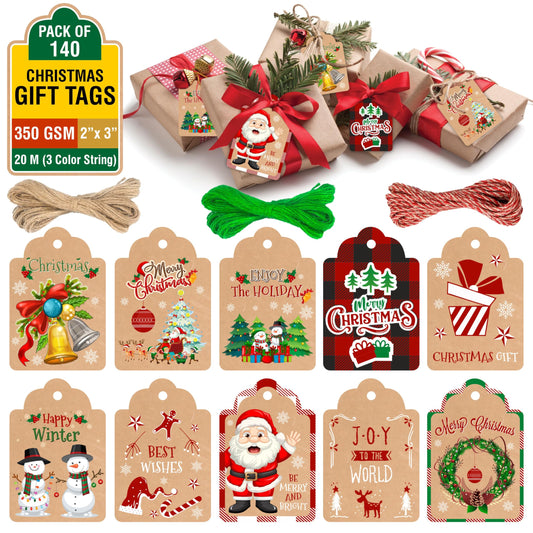 Christmas Gift Tags 140 Packs-Christmas Tags with Twine String to Hang, Kraft Paper Tags 350 GSM & Christmas Tags for Gifts in Christmas Decorations & Name Labels with Holes Brown, Red, White & Green.