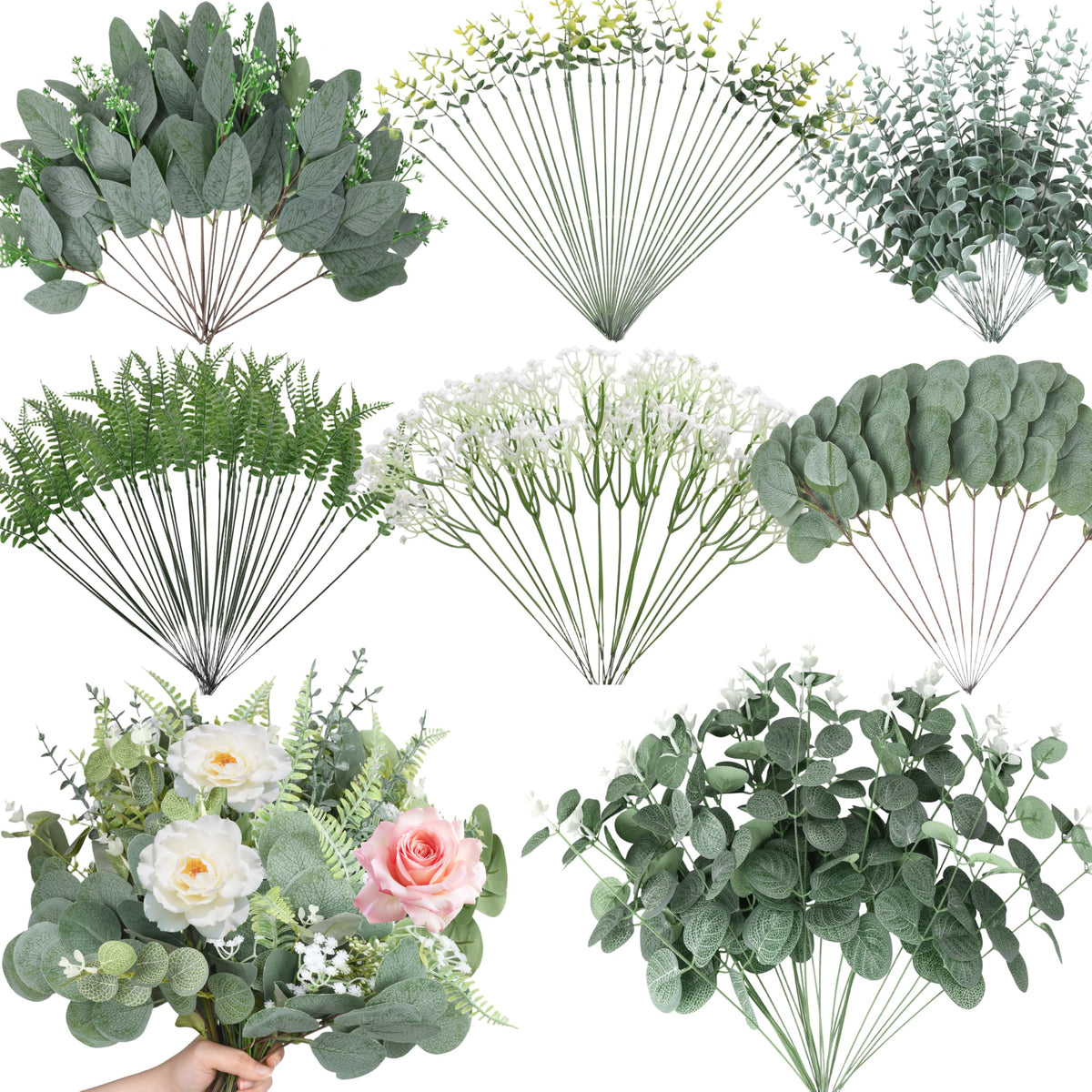 Hoplito 150 Pcs 7 Kinds Mixed Artificial Eucalyptus Leaves Stems Bulk, Fake Greenery Plants Faux Silver Dollar Eucalyptus Leaves for Wedding Vase Bouquet Floral Arrangement Centerpiece Home Decor